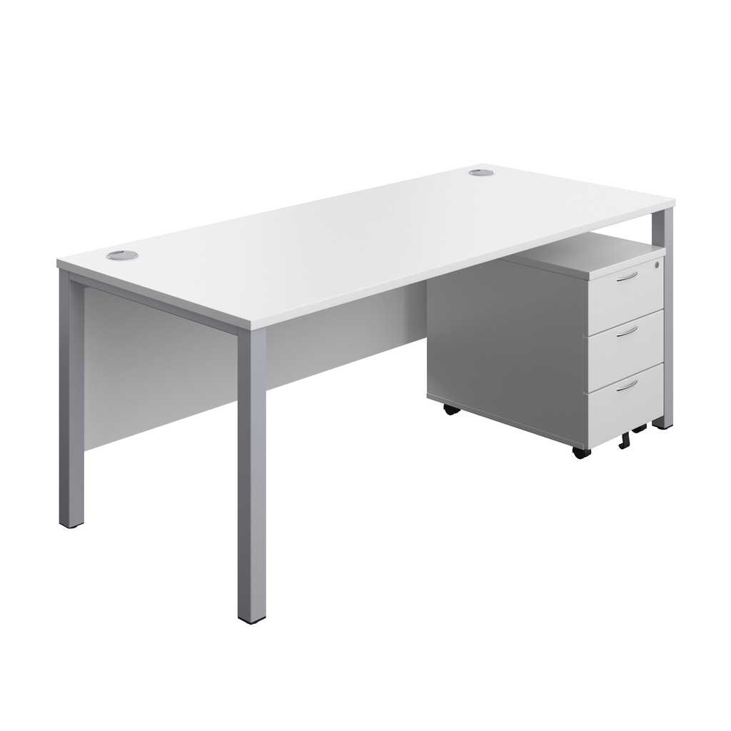 Goal Post Rectangular Desk + 3 Drawer Mobile Pedestal (FSC) | 1800x800 | White/Silver | 