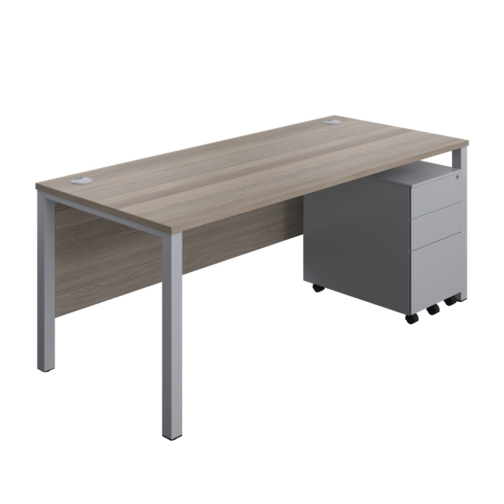 Goal Post Rectangular Desk + 3 Drawer Steel Pedestal (FSC) | 1800x800 | Grey oak/Silver | 