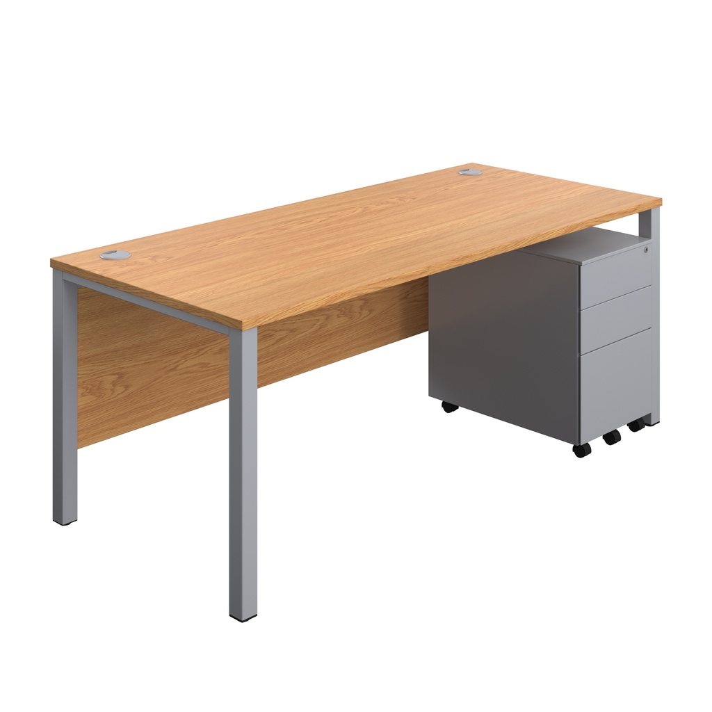 Goal Post Rectangular Desk + 3 Drawer Steel Pedestal (FSC) | 1800x800 | Nova oak/Silver | 