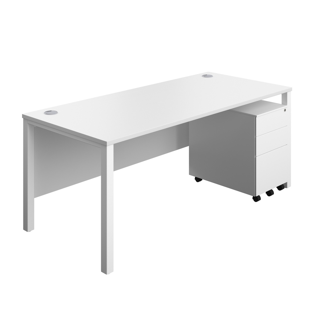 Goal Post Rectangular Desk + 3 Drawer Steel Pedestal (FSC) | 1800x800 | White/White | 