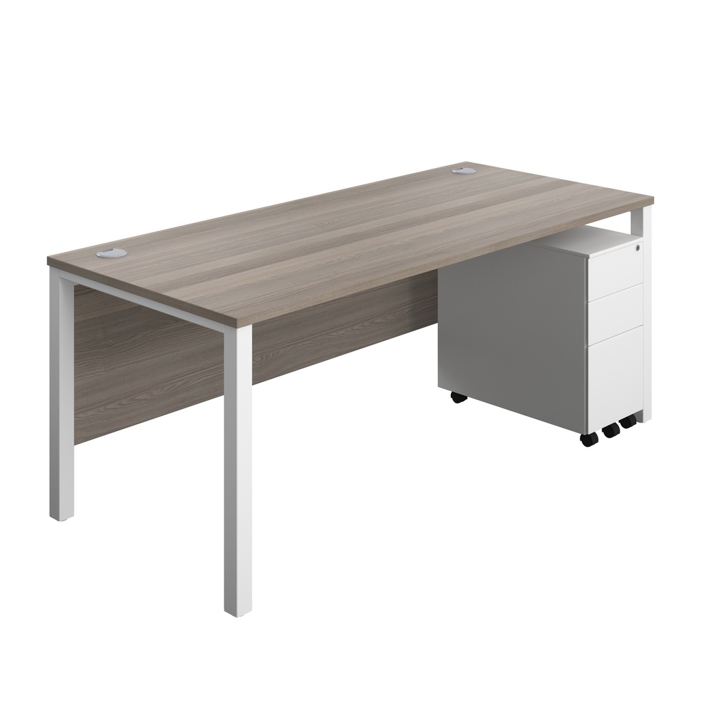 Goal Post Rectangular Desk + 3 Drawer Slimline Steel Pedestal (FSC) | 1800x800 | Grey oak/White | 