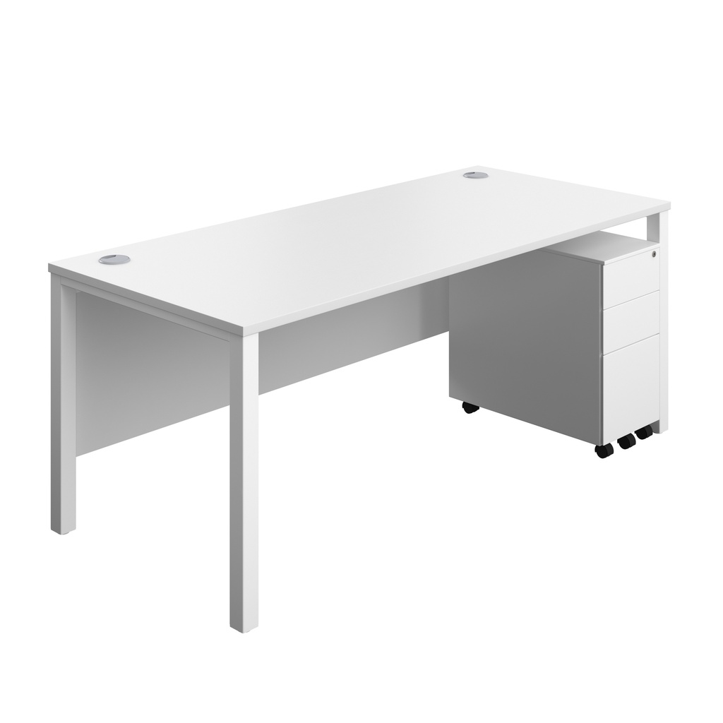 Goal Post Rectangular Desk + 3 Drawer Slimline Steel Pedestal (FSC) | 1800x800 | White/White | 