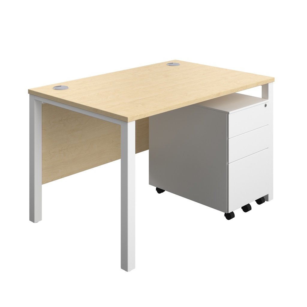 Goal Post Rectangular Desk + 3 Drawer Steel Pedestal (FSC) | 1200x800 | Maple/White | 