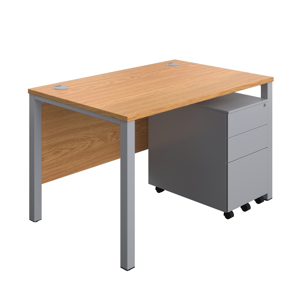 Goal Post Rectangular Desk + 3 Drawer Steel Pedestal (FSC) | 1200x800 | Nova oak/Silver | 