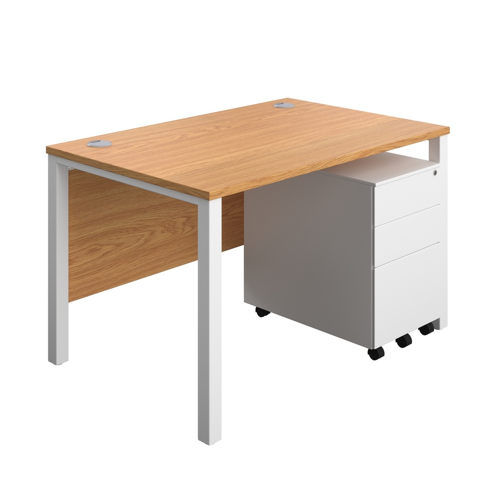 Goal Post Rectangular Desk + 3 Drawer Steel Pedestal (FSC) | 1200x800 | Nova oak/White | 