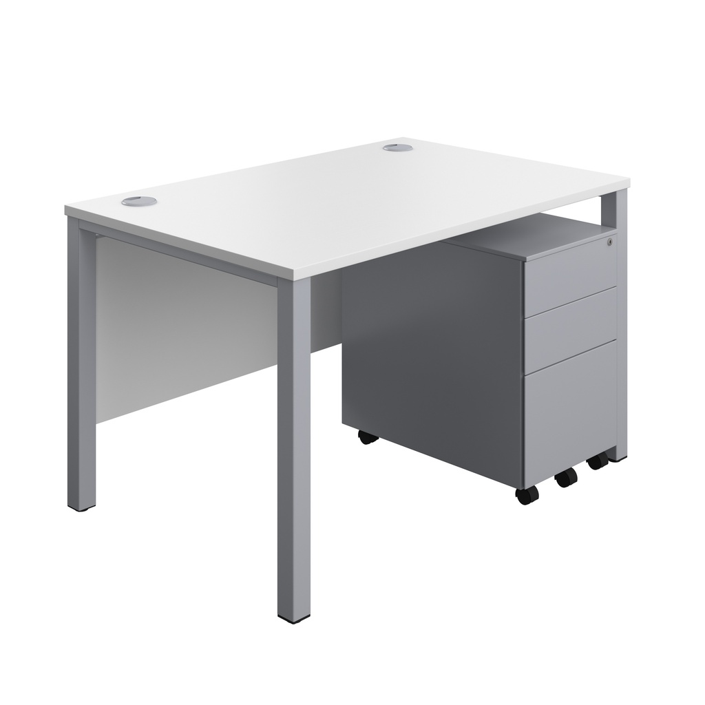 Goal Post Rectangular Desk + 3 Drawer Steel Pedestal (FSC) | 1200x800 | White/Silver | 