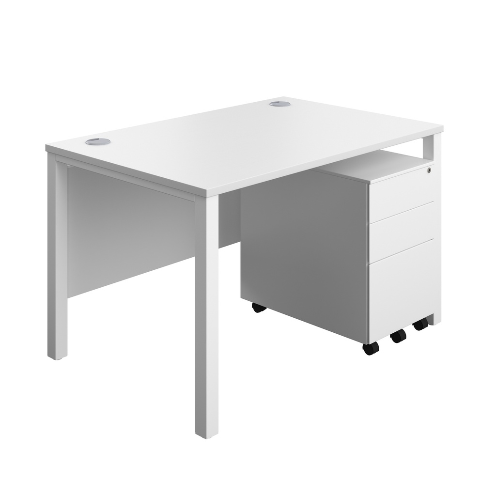 Goal Post Rectangular Desk + 3 Drawer Steel Pedestal (FSC) | 1200x800 | White/White | 