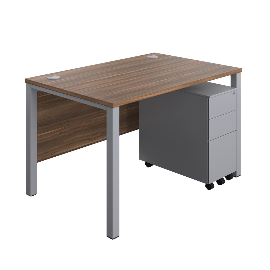 Goal Post Rectangular Desk + 3 Drawer Slimline Steel Pedestal (FSC) | 1200x800 | Dark Walnut/Silver | 