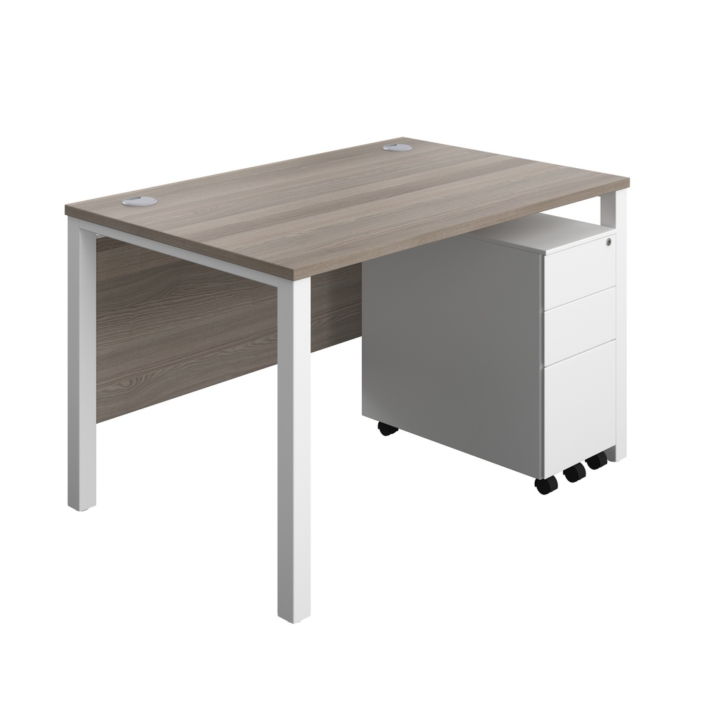 Goal Post Rectangular Desk + 3 Drawer Slimline Steel Pedestal (FSC) | 1200x800 | Grey oak/White | 