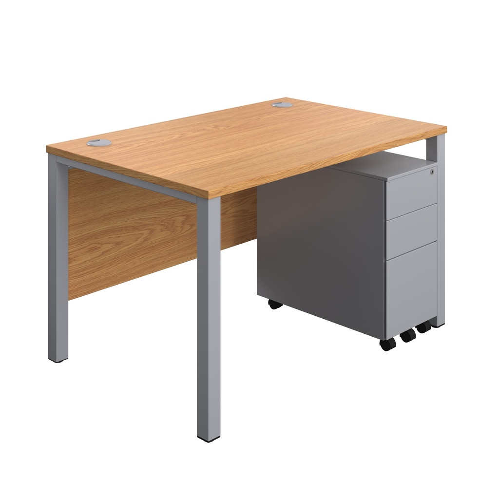 Goal Post Rectangular Desk + 3 Drawer Slimline Steel Pedestal (FSC) | 1200x800 | Nova oak/Silver | 