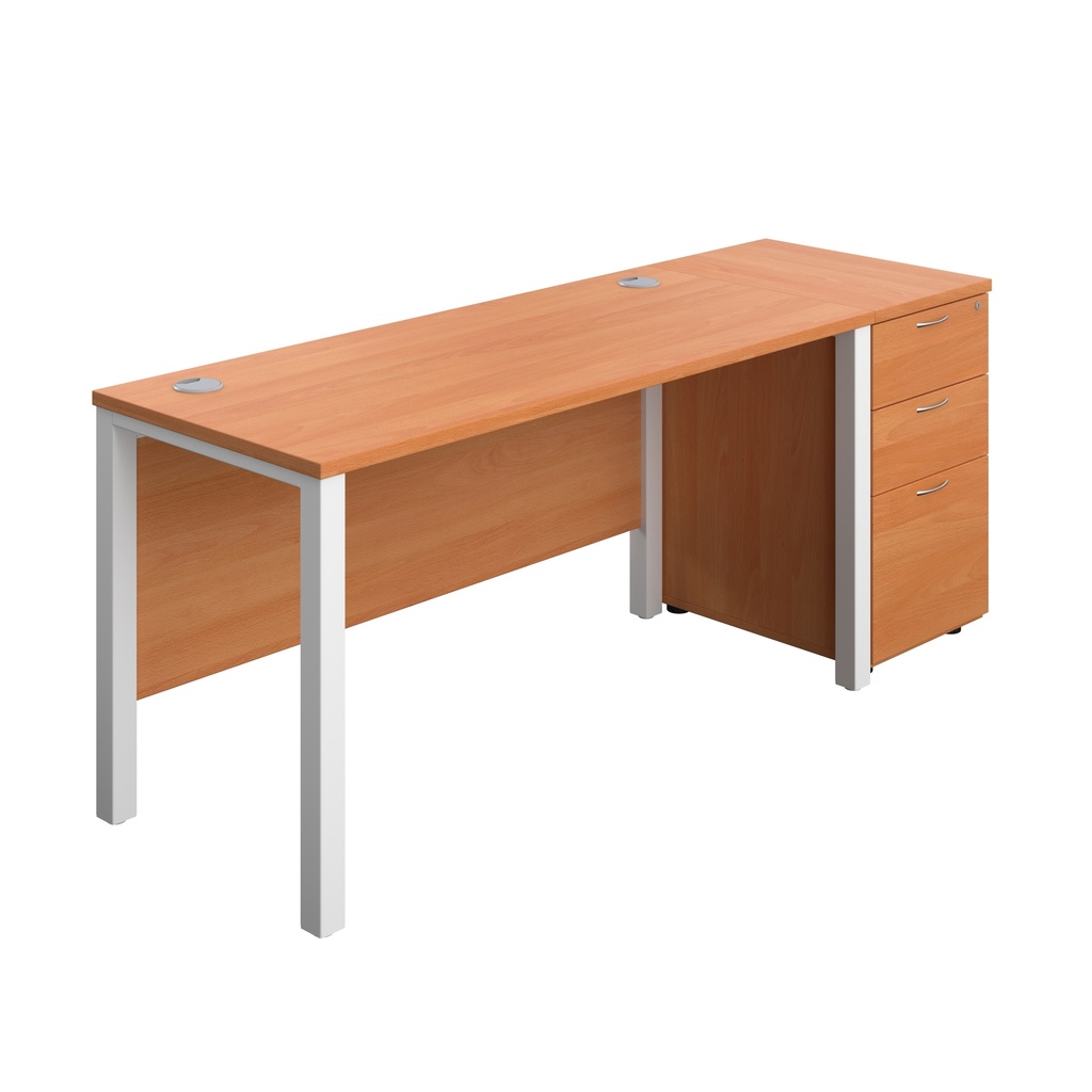 Goal Post Rectangular Desk + 3 Drawer Desk High Pedestal (FSC) | 1400x600 | Beech/White | 