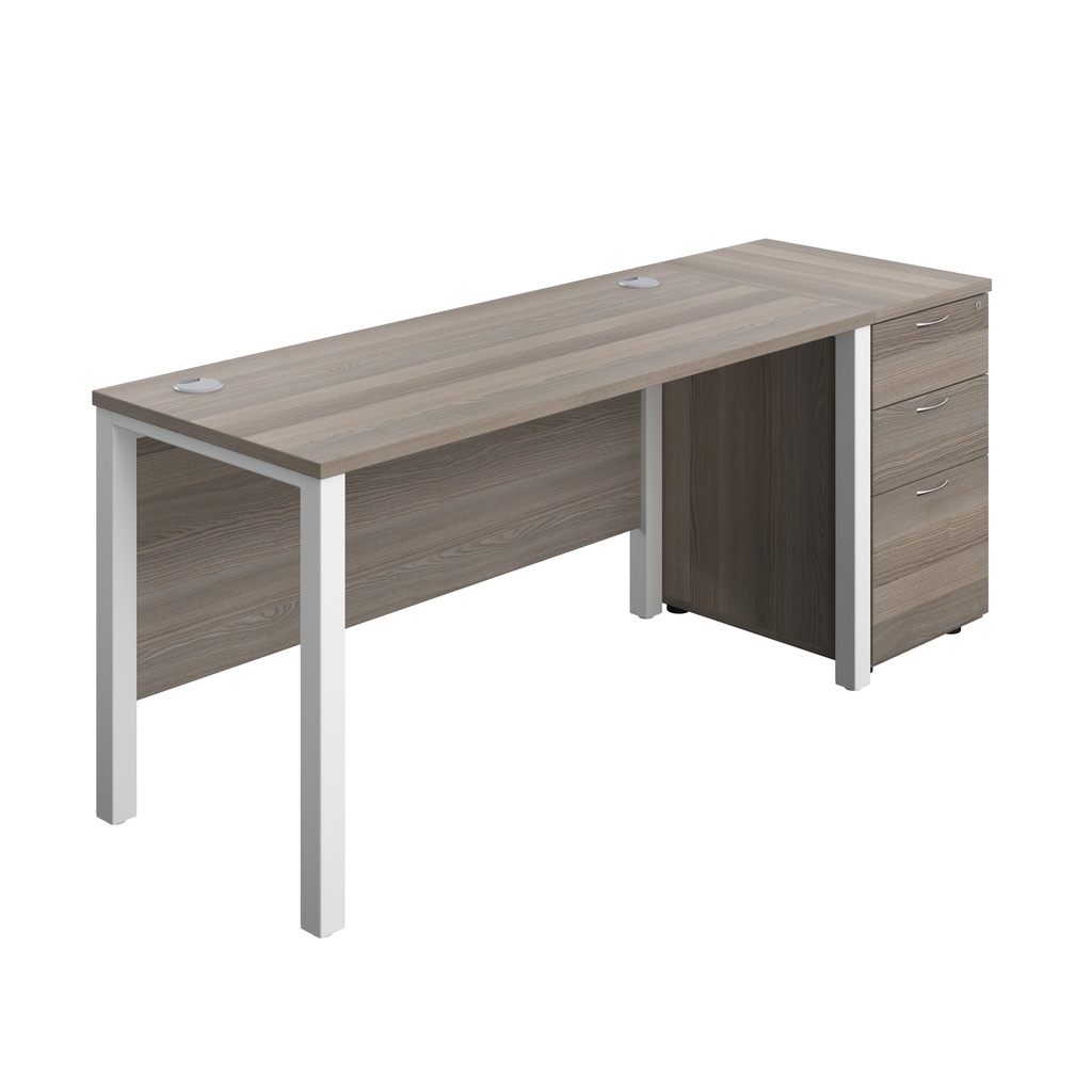 Goal Post Rectangular Desk + 3 Drawer Desk High Pedestal (FSC) | 1400x600 | Grey oak/White | 