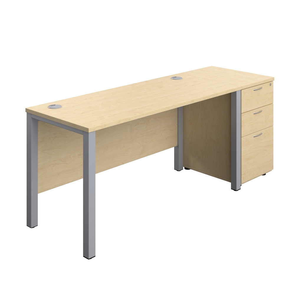 Goal Post Rectangular Desk + 3 Drawer Desk High Pedestal (FSC) | 1400x600 | Maple/Silver | 