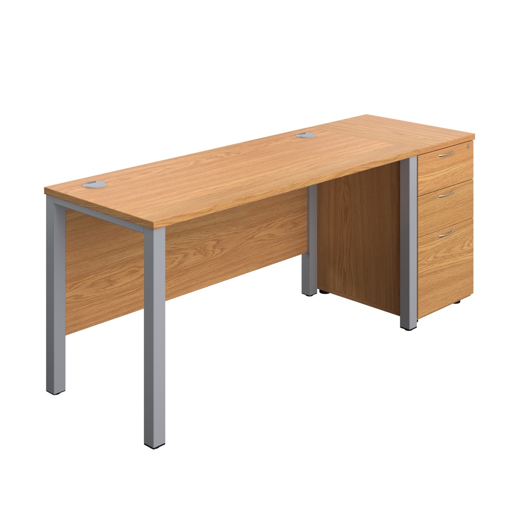 Goal Post Rectangular Desk + 3 Drawer Desk High Pedestal (FSC) | 1400x600 | Nova oak/Silver | 