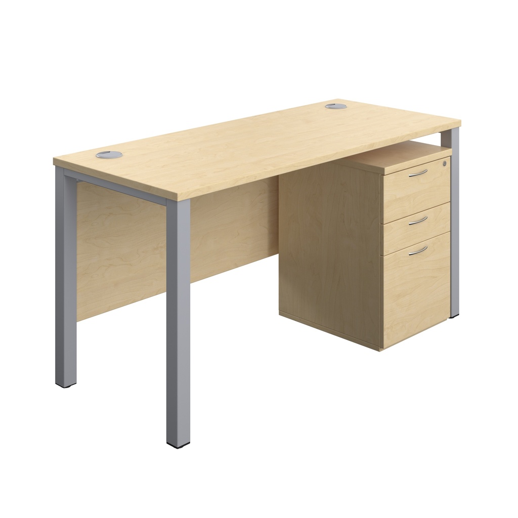 Goal Post Rectangular Desk + 3 Drawer High Mobile Pedestal (FSC) | 1400x600 | Maple/Silver | 