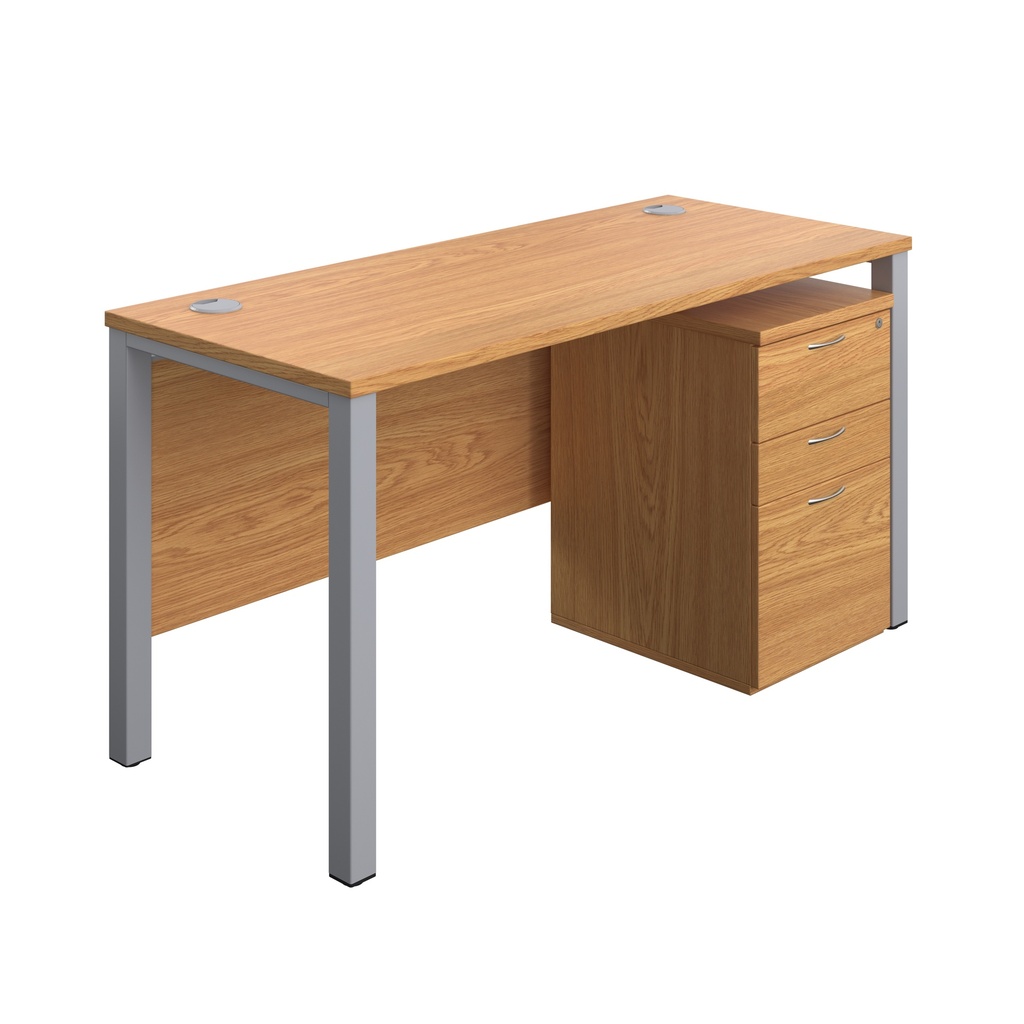 Goal Post Rectangular Desk + 3 Drawer High Mobile Pedestal (FSC) | 1400x600 | Nova oak/Silver | 