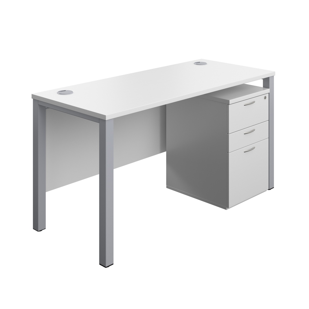 Goal Post Rectangular Desk + 3 Drawer High Mobile Pedestal (FSC) | 1400x600 | White/Silver | 