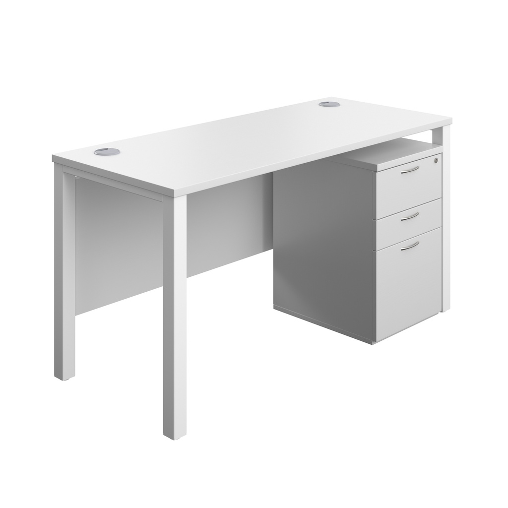 Goal Post Rectangular Desk + 3 Drawer High Mobile Pedestal (FSC) | 1400x600 | White/White | 