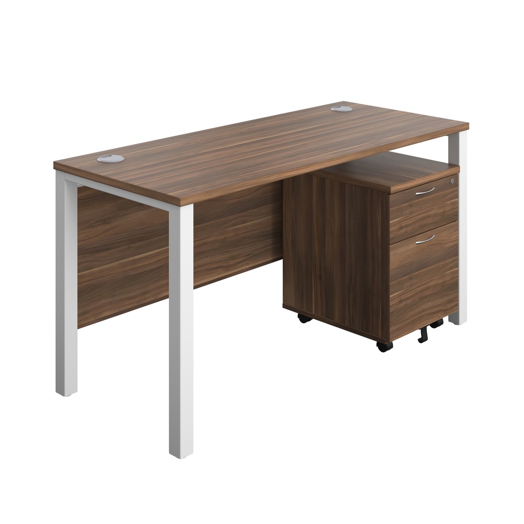 Goal Post Rectangular Desk + 2 Drawer Mobile Pedestal (FSC) | 1400x600 | Dark walnut/White | 