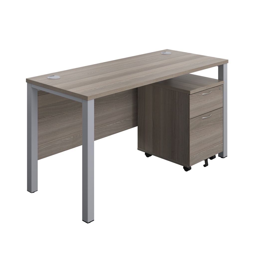 Goal Post Rectangular Desk + 2 Drawer Mobile Pedestal (FSC) | 1400x600 | Grey oak/Silver | 