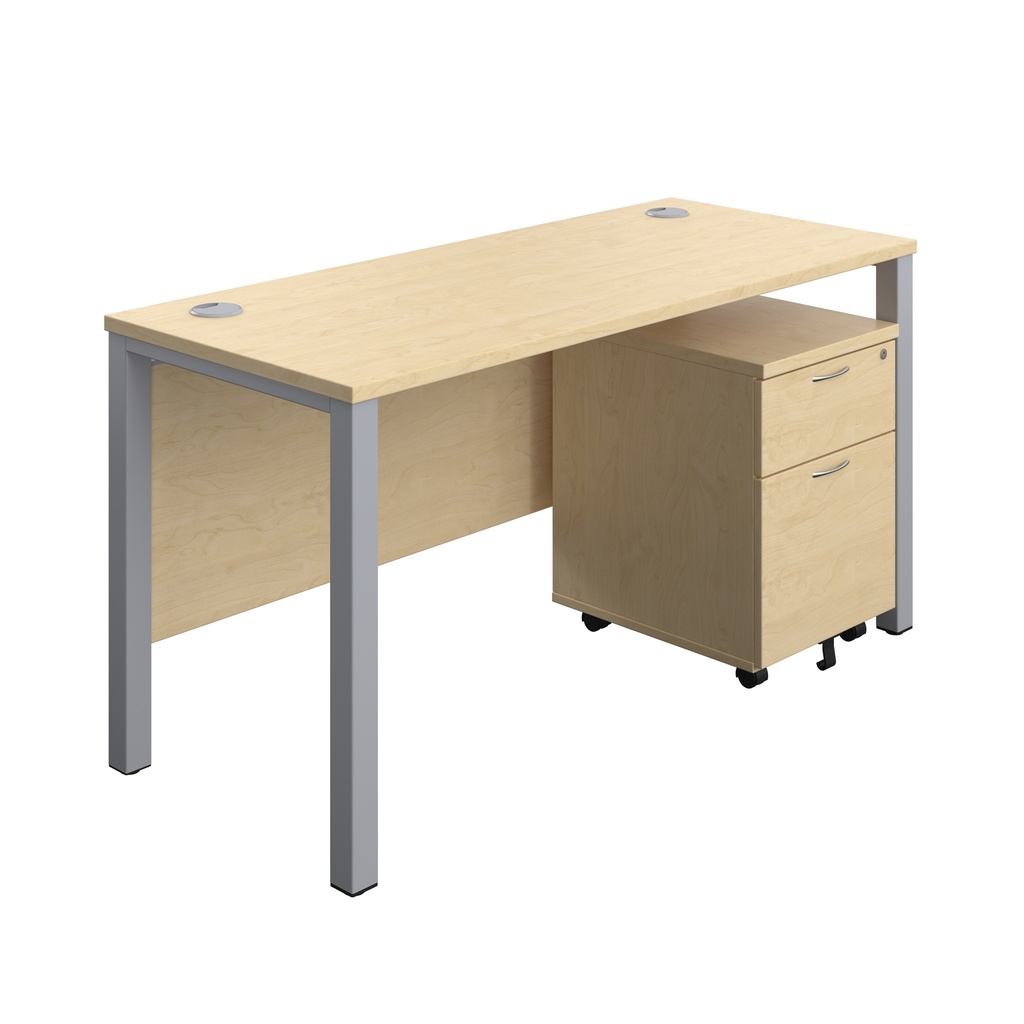 Goal Post Rectangular Desk + 2 Drawer Mobile Pedestal (FSC) | 1400x600 | Maple/Silver | 