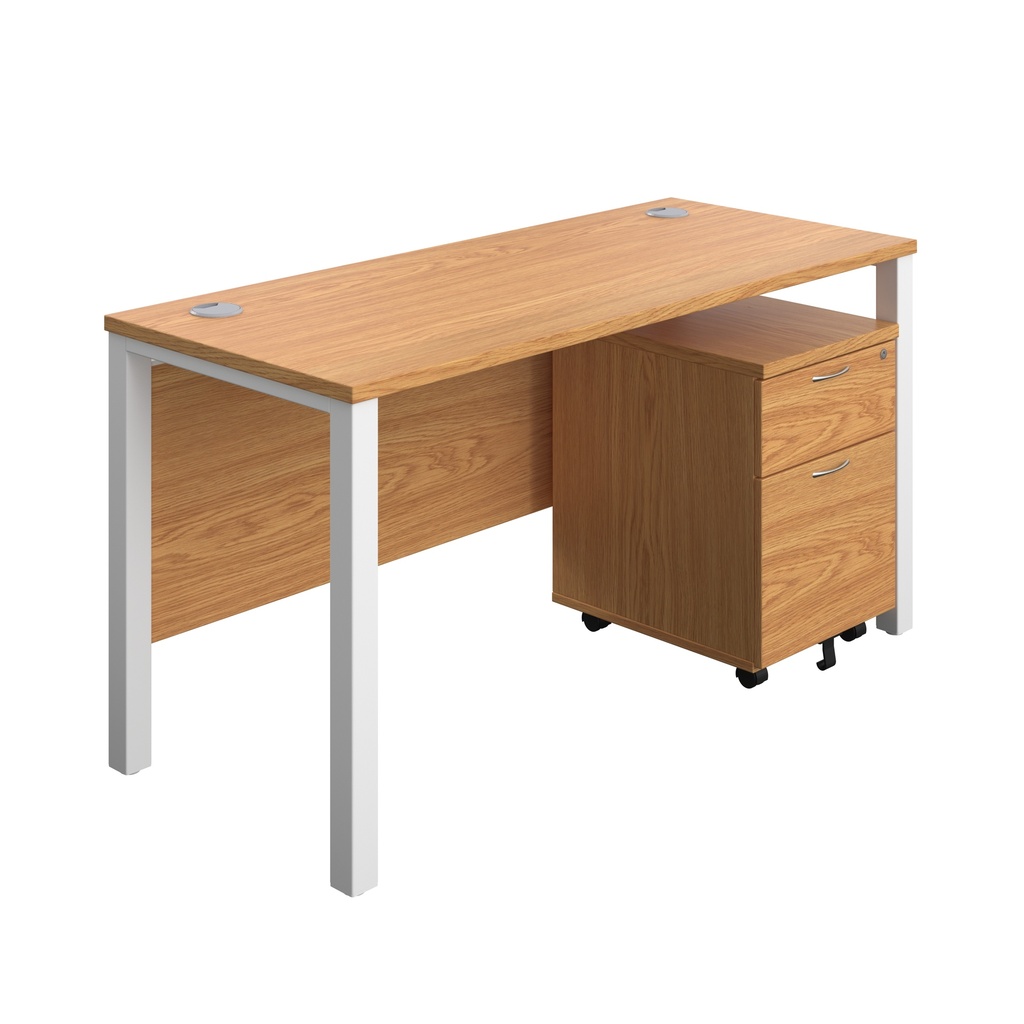 Goal Post Rectangular Desk + 2 Drawer Mobile Pedestal (FSC) | 1400x600 | Nova oak/White | 