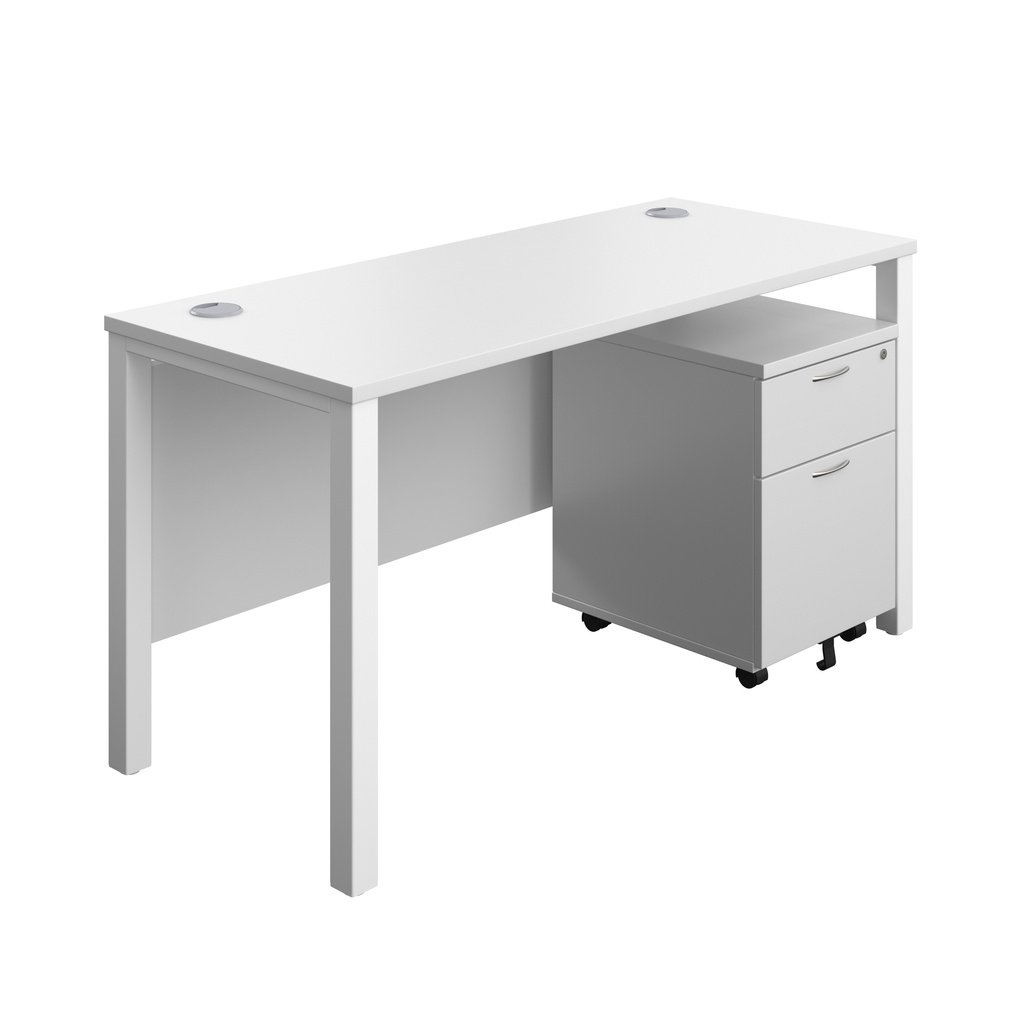 Goal Post Rectangular Desk + 2 Drawer Mobile Pedestal (FSC) | 1400x600 | White/White | 