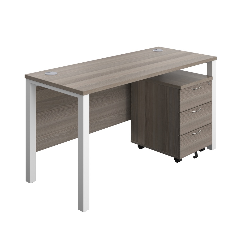 Goal Post Rectangular Desk + 3 Drawer Mobile Pedestal (FSC) | 1400x600 | Grey oak/White | 