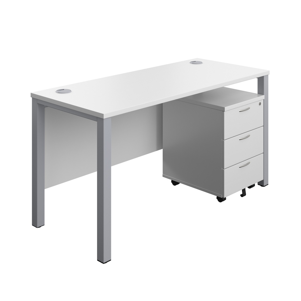 Goal Post Rectangular Desk + 3 Drawer Mobile Pedestal (FSC) | 1400x600 | White/Silver | 