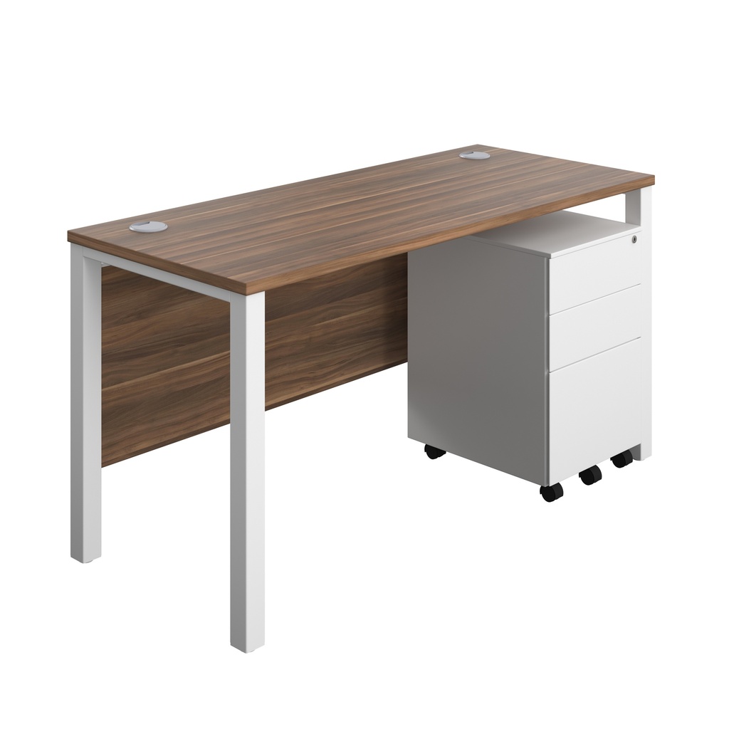 Goal Post Rectangular Desk + 3 Drawer Steel Pedestal (FSC) | 1400x600 | Dark walnut/White | 