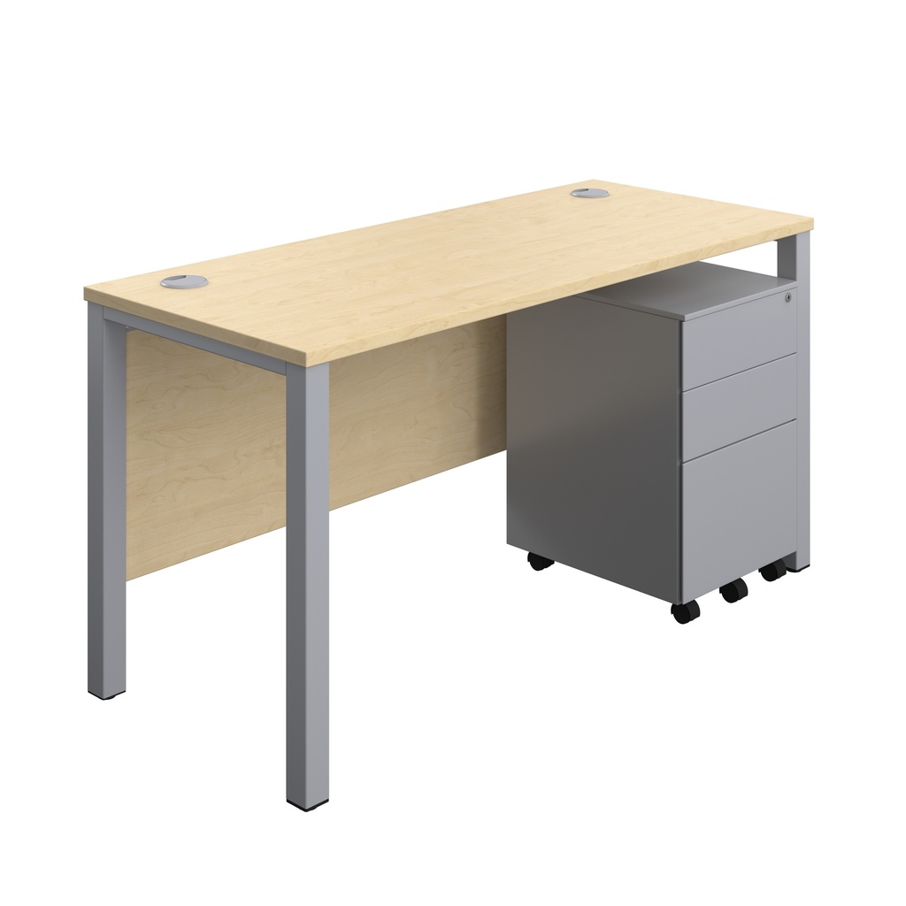 Goal Post Rectangular Desk + 3 Drawer Steel Pedestal (FSC) | 1400x600 | Maple/Silver | 