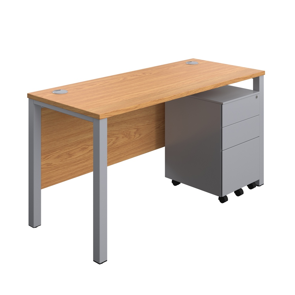 Goal Post Rectangular Desk + 3 Drawer Steel Pedestal (FSC) | 1400x600 | Nova oak/Silver | 