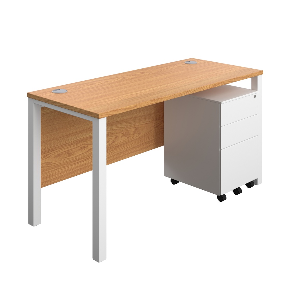 Goal Post Rectangular Desk + 3 Drawer Steel Pedestal (FSC) | 1400x600 | Nova oak/White | 