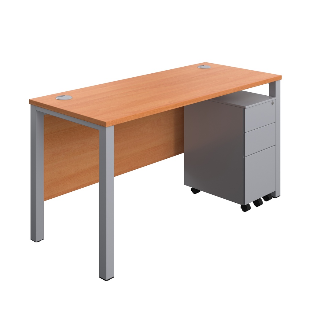 Goal Post Rectangular Desk + 3 Drawer Slimline Steel Pedestal (FSC) | 1400x600 | Beech/Silver | 