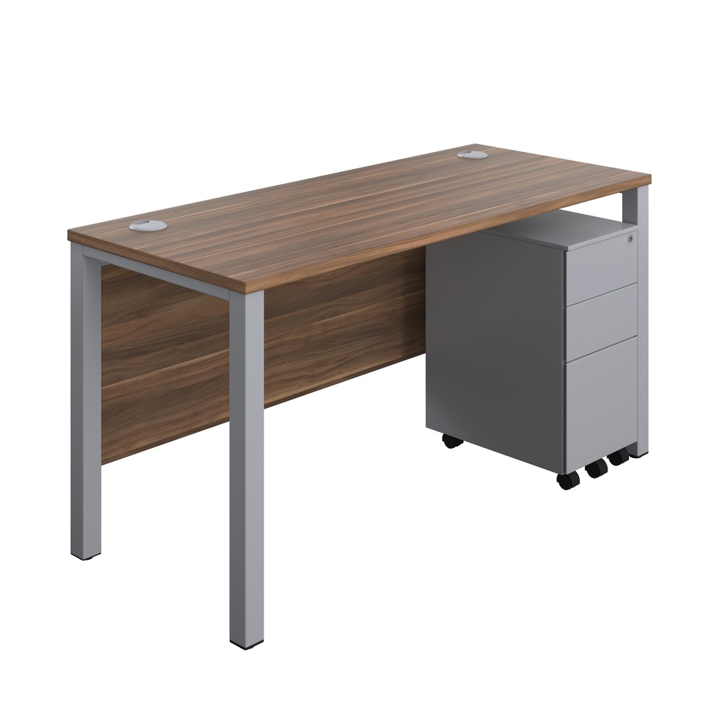 Goal Post Rectangular Desk + 3 Drawer Slimline Steel Pedestal (FSC) | 1400x600 | Dark Walnut/Silver | 