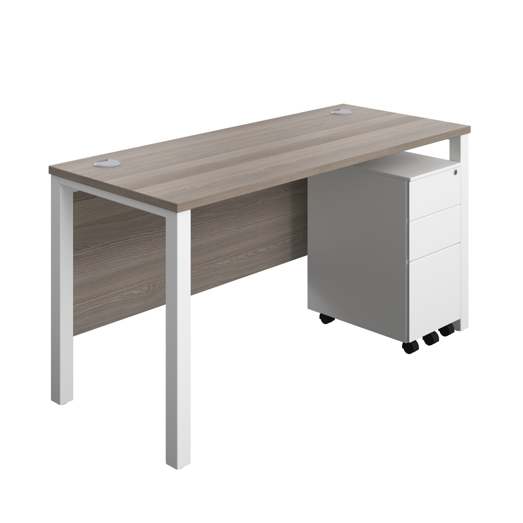 Goal Post Rectangular Desk + 3 Drawer Slimline Steel Pedestal (FSC) | 1400x600 | Grey oak/White | 