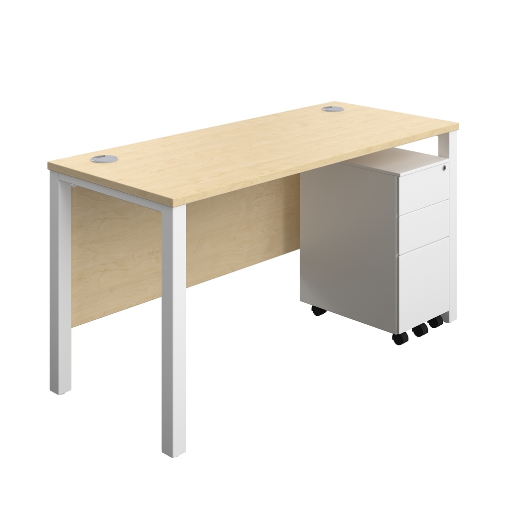 Goal Post Rectangular Desk + 3 Drawer Slimline Steel Pedestal (FSC) | 1400x600 | Maple/White | 