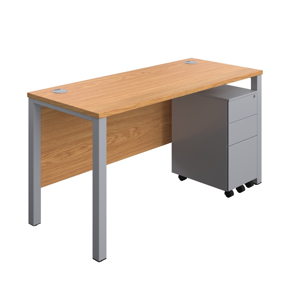 Goal Post Rectangular Desk + 3 Drawer Slimline Steel Pedestal (FSC) | 1400x600 | Nova oak/Silver | 