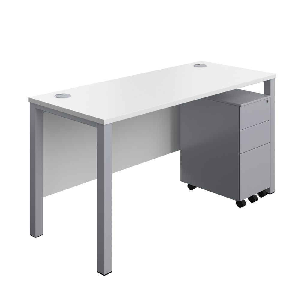 Goal Post Rectangular Desk + 3 Drawer Slimline Steel Pedestal (FSC) | 1400x600 | White/Silver | 