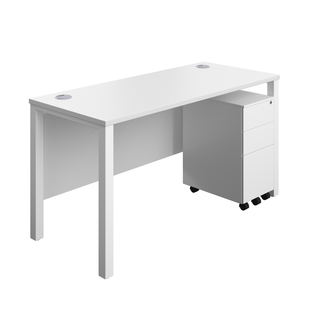 Goal Post Rectangular Desk + 3 Drawer Slimline Steel Pedestal (FSC) | 1400x600 | White/White | 