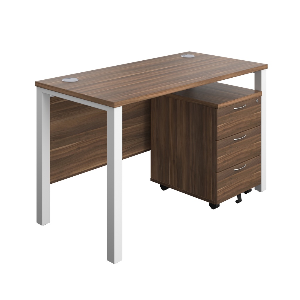 Goal Post Rectangular Desk + 3 Drawer Mobile Pedestal (FSC) | 1200x600 | Dark walnut/White | 