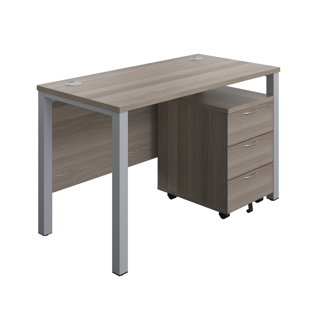 Goal Post Rectangular Desk + 3 Drawer Mobile Pedestal (FSC) | 1200x600 | Grey oak/Silver | 