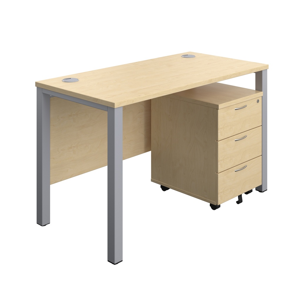 Goal Post Rectangular Desk + 3 Drawer Mobile Pedestal (FSC) | 1200x600 | Maple/Silver | 