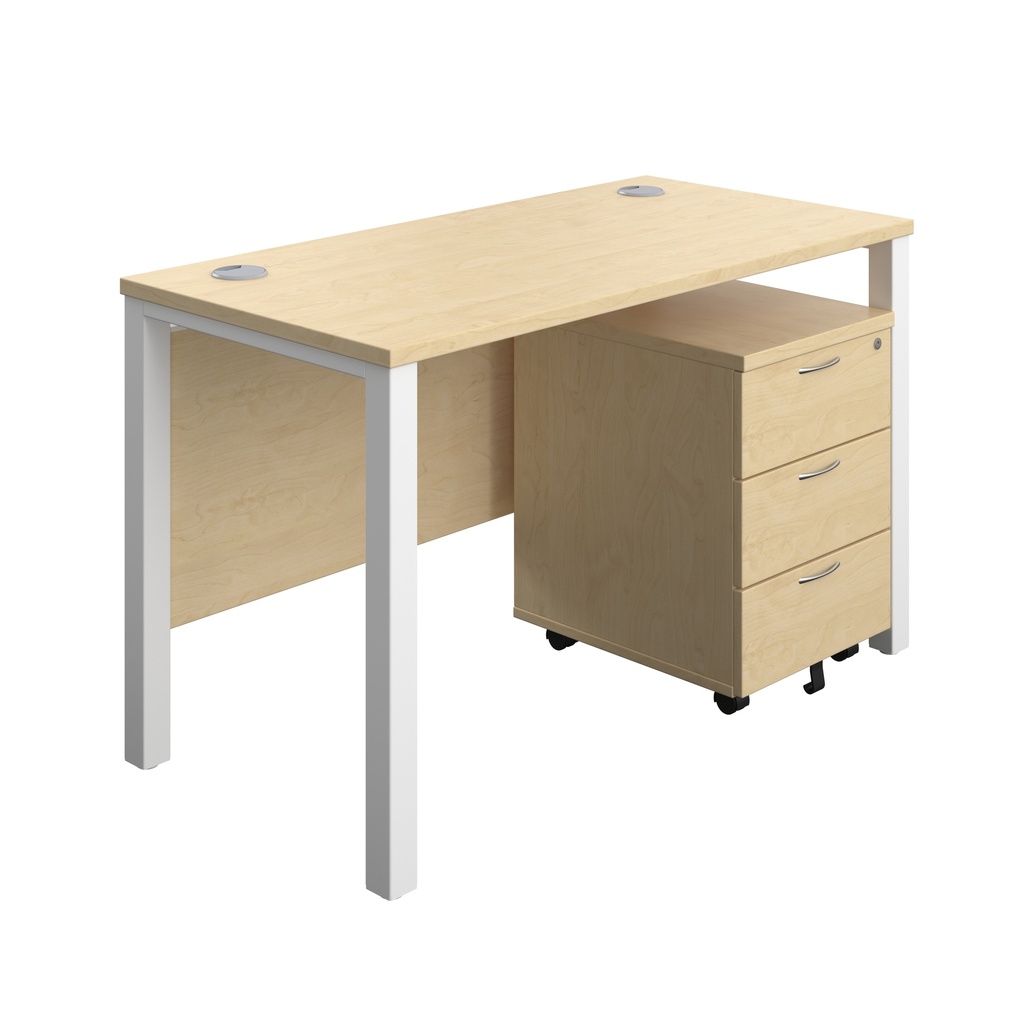 Goal Post Rectangular Desk + 3 Drawer Mobile Pedestal (FSC) | 1200x600 | Maple/White | 