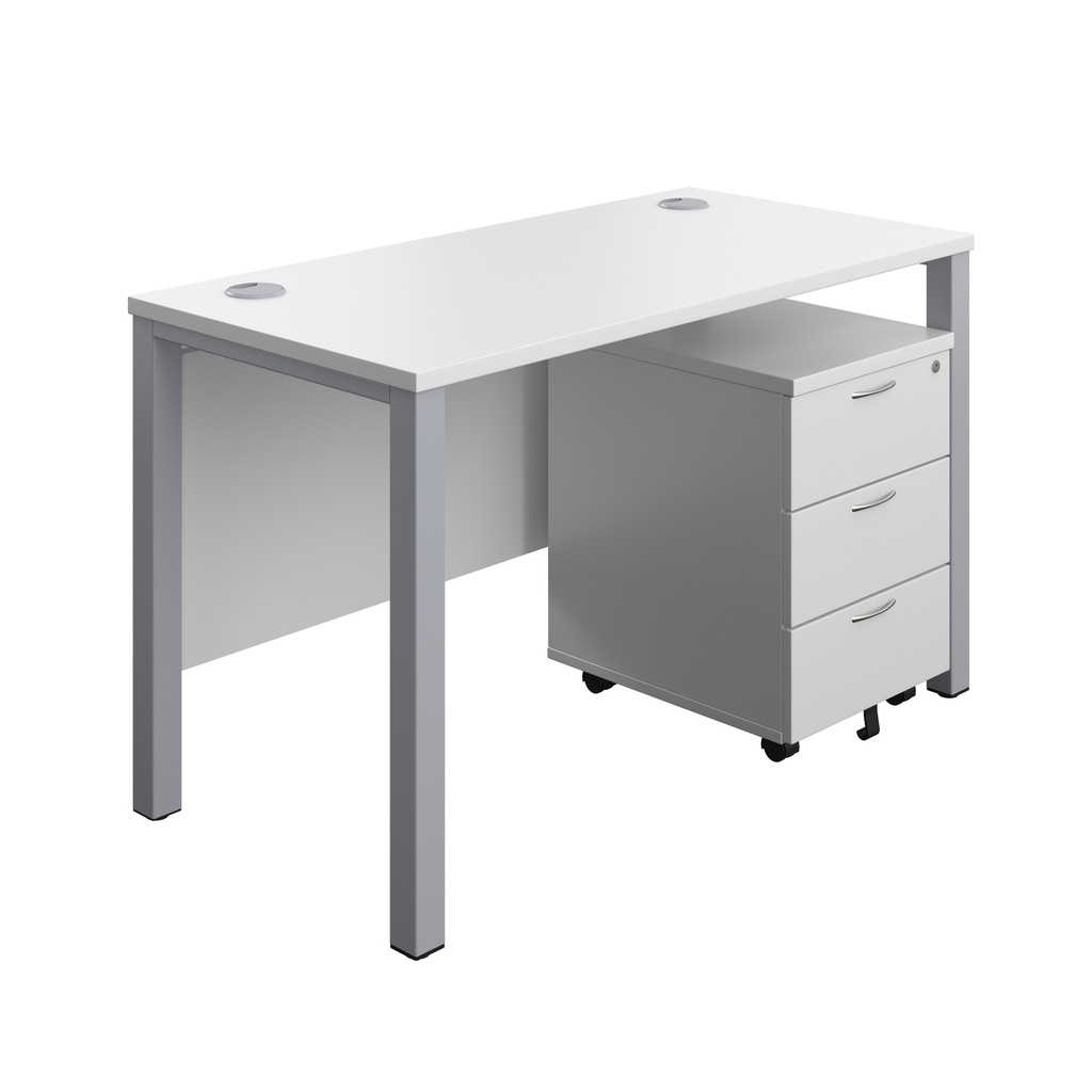 Goal Post Rectangular Desk + 3 Drawer Mobile Pedestal (FSC) | 1200x600 | White/Silver | 