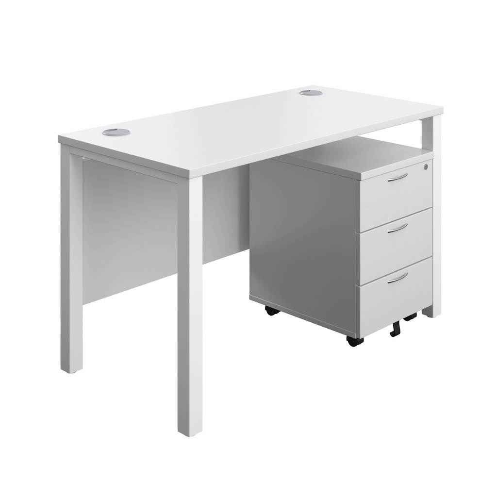 Goal Post Rectangular Desk + 3 Drawer Mobile Pedestal (FSC) | 1200x600 | White/White | 