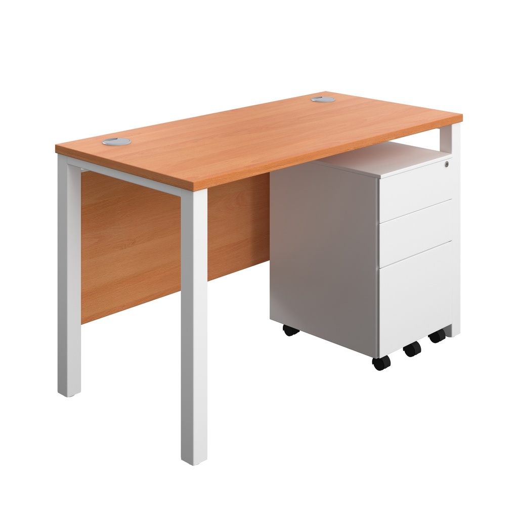 Goal Post Rectangular Desk + 3 Drawer Steel Pedestal (FSC) | 1200x600 | Beech/White | 