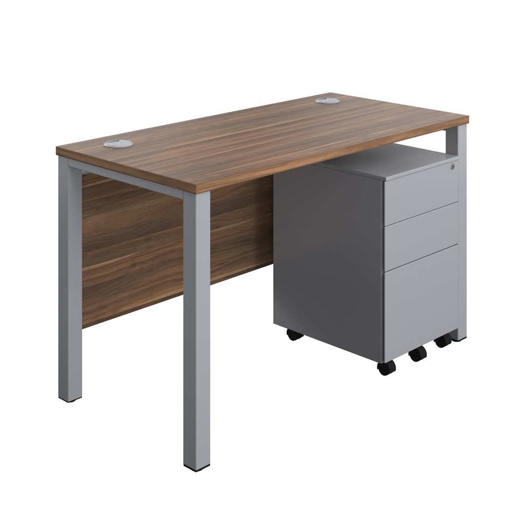 Goal Post Rectangular Desk + 3 Drawer Steel Pedestal (FSC) | 1200x600 | Dark Walnut/Silver | 