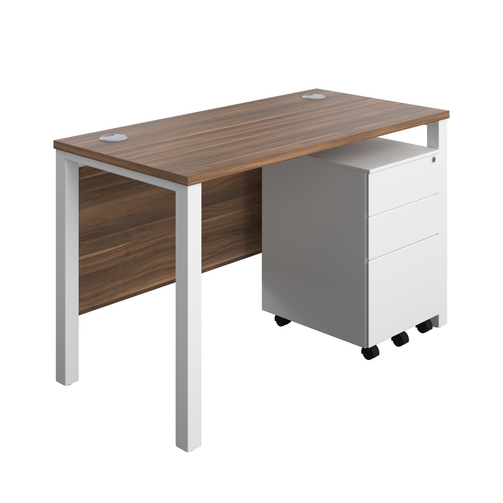 Goal Post Rectangular Desk + 3 Drawer Steel Pedestal (FSC) | 1200x600 | Dark walnut/White | 