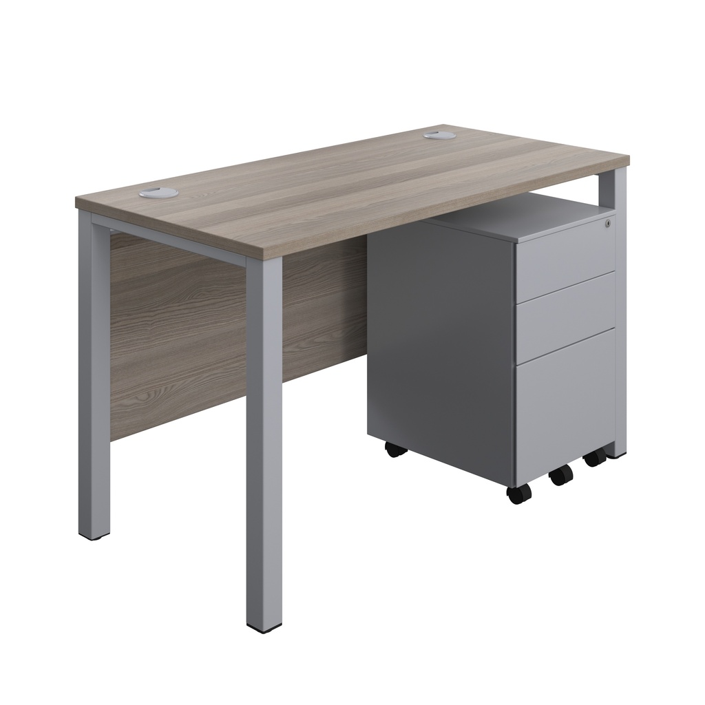 Goal Post Rectangular Desk + 3 Drawer Steel Pedestal (FSC) | 1200x600 | Grey oak/Silver | 